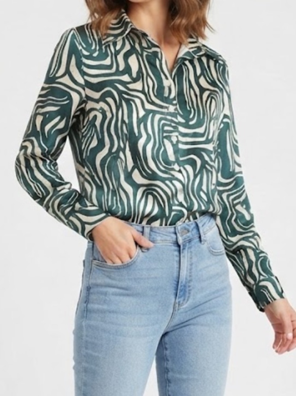 Jo West Woven Green & Cream Abstract Print Button-Front Blouse Size Small